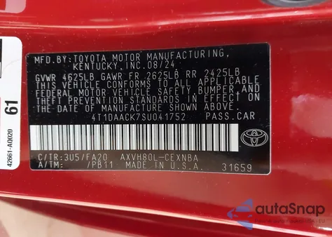 2025 Toyota Camry Le z USA, uszkodzony, nr VIN 4T1DAACK7SU041752